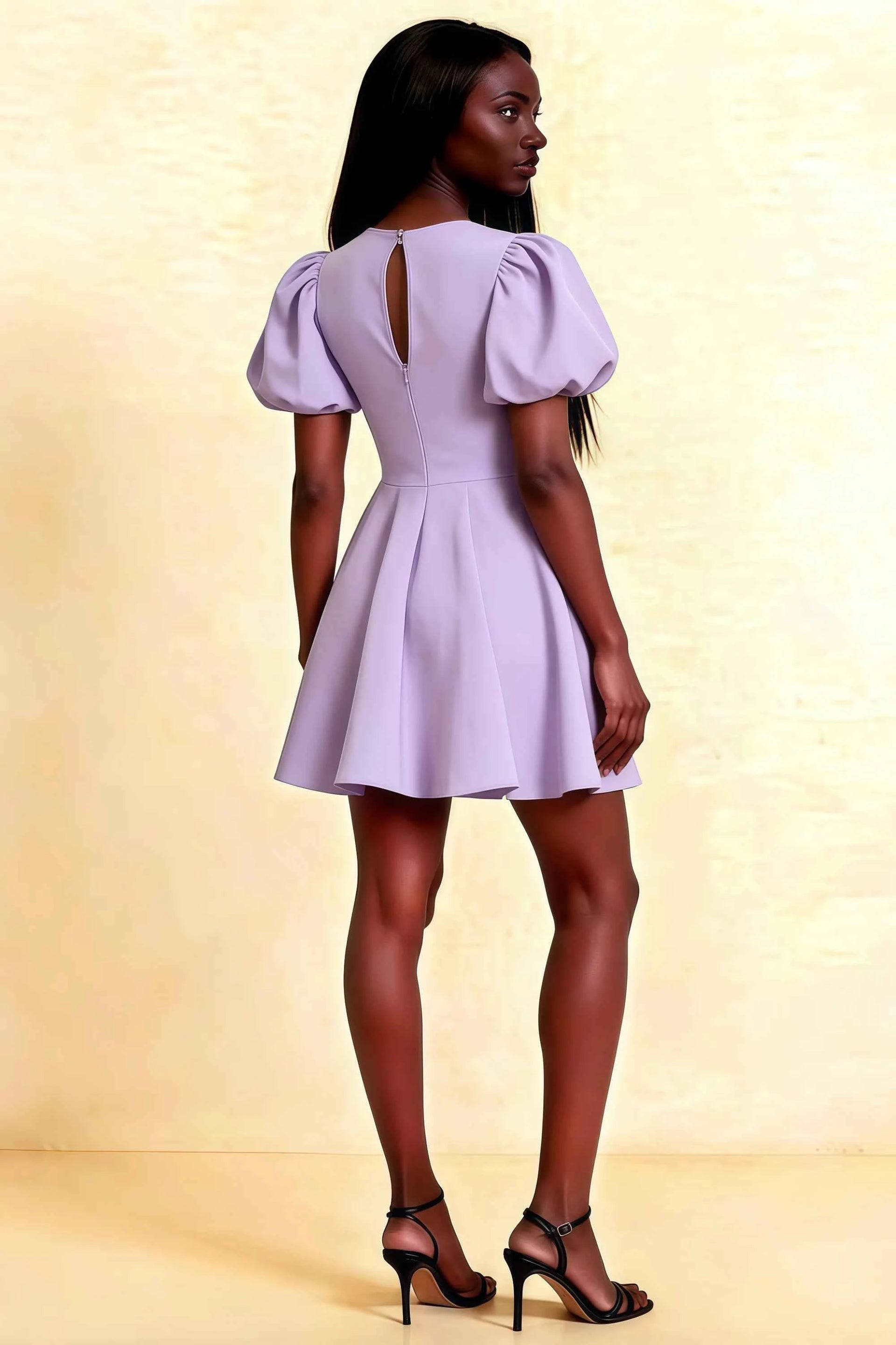 Back view of LVLVS Celia lavender crew neck puff sleeve dress with back keyhole for formal event