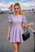 Customer photo of LVLVS Celia lavender puff sleeve dress worn as airport travel outfit