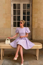 Real customer wearing LVLVS Celia lavender crepe dress for summer brunch date