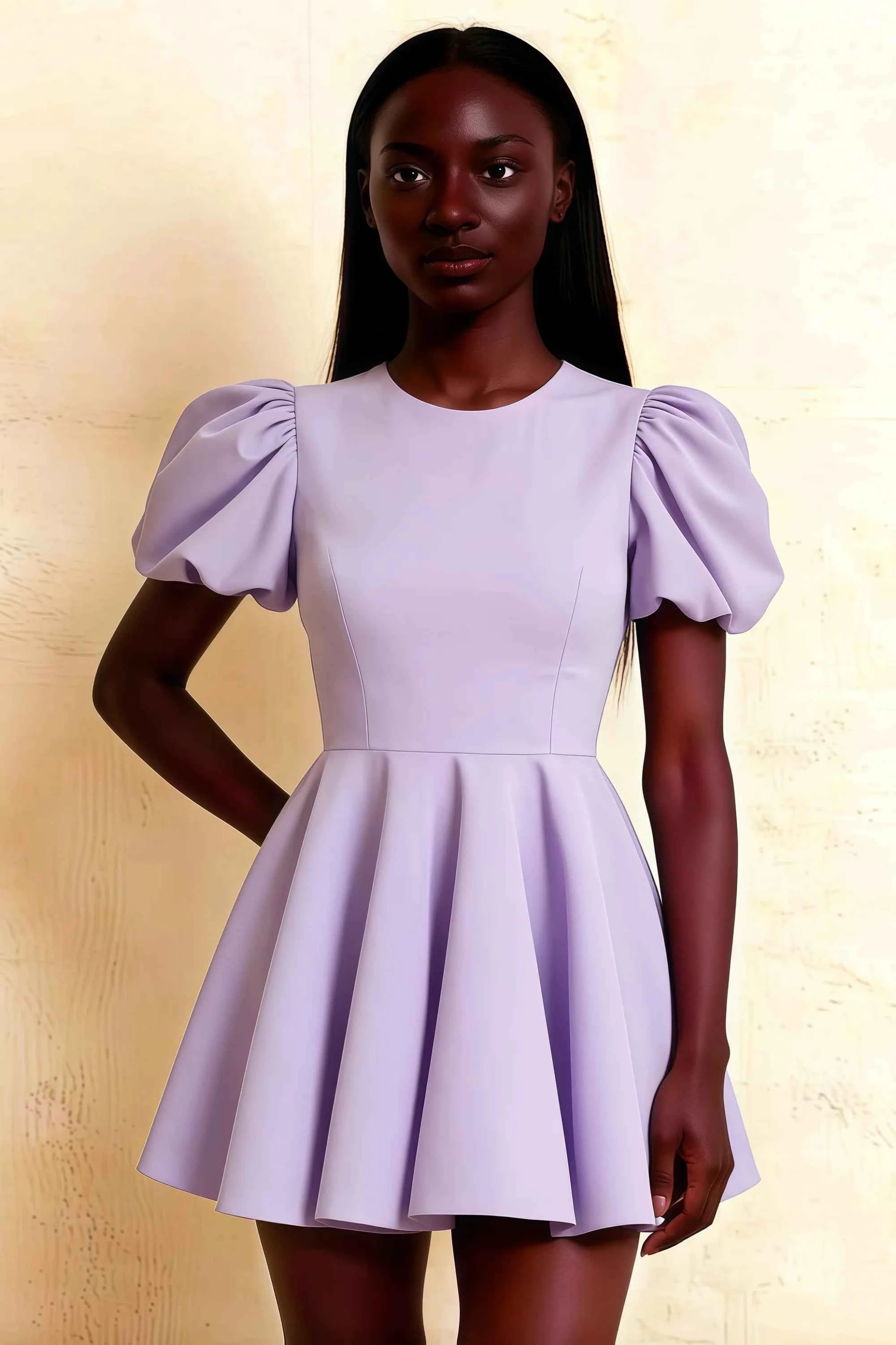 Front close up of LVLVS Celia lavender stretch crepe dress with voluminous puff sleeves