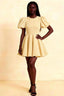 LVLVS Women's Celia Stretch Crepe Mini Dress in Lemon Color, Featuring Puff Sleeves and Flared A-Line Silhouette for Brunch and Casual Day Outings