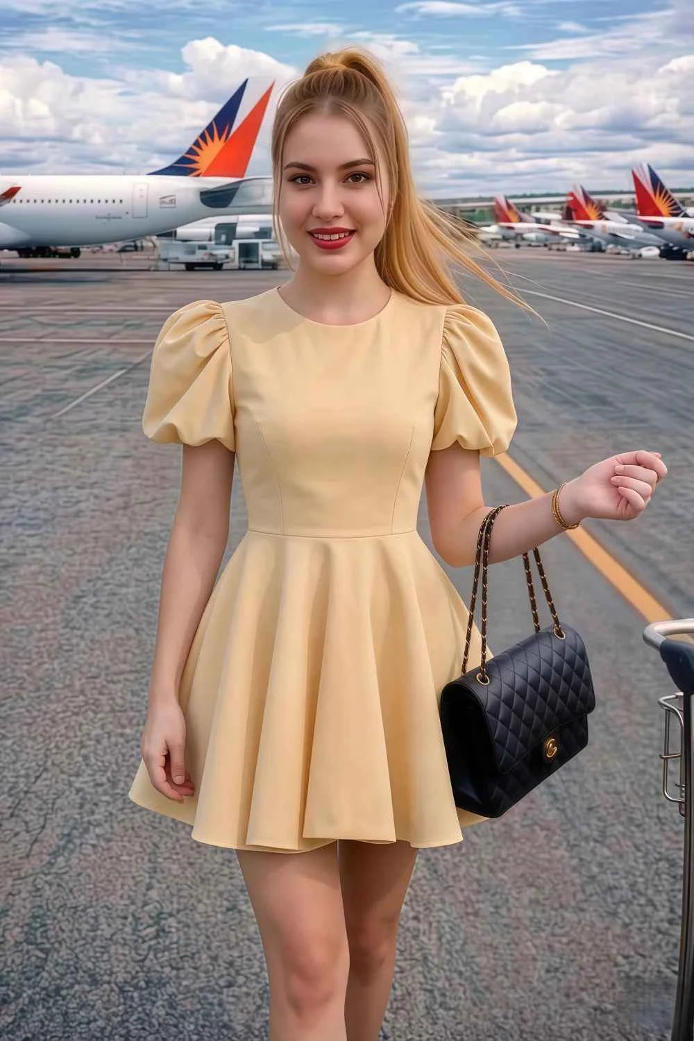 Street Style Photo of LVLVS Celia Lemon Puff Sleeve Dress Worn by Customer at Airport, Stylish Stretch Crepe Mini Dress Ideal for Travel and Going Out