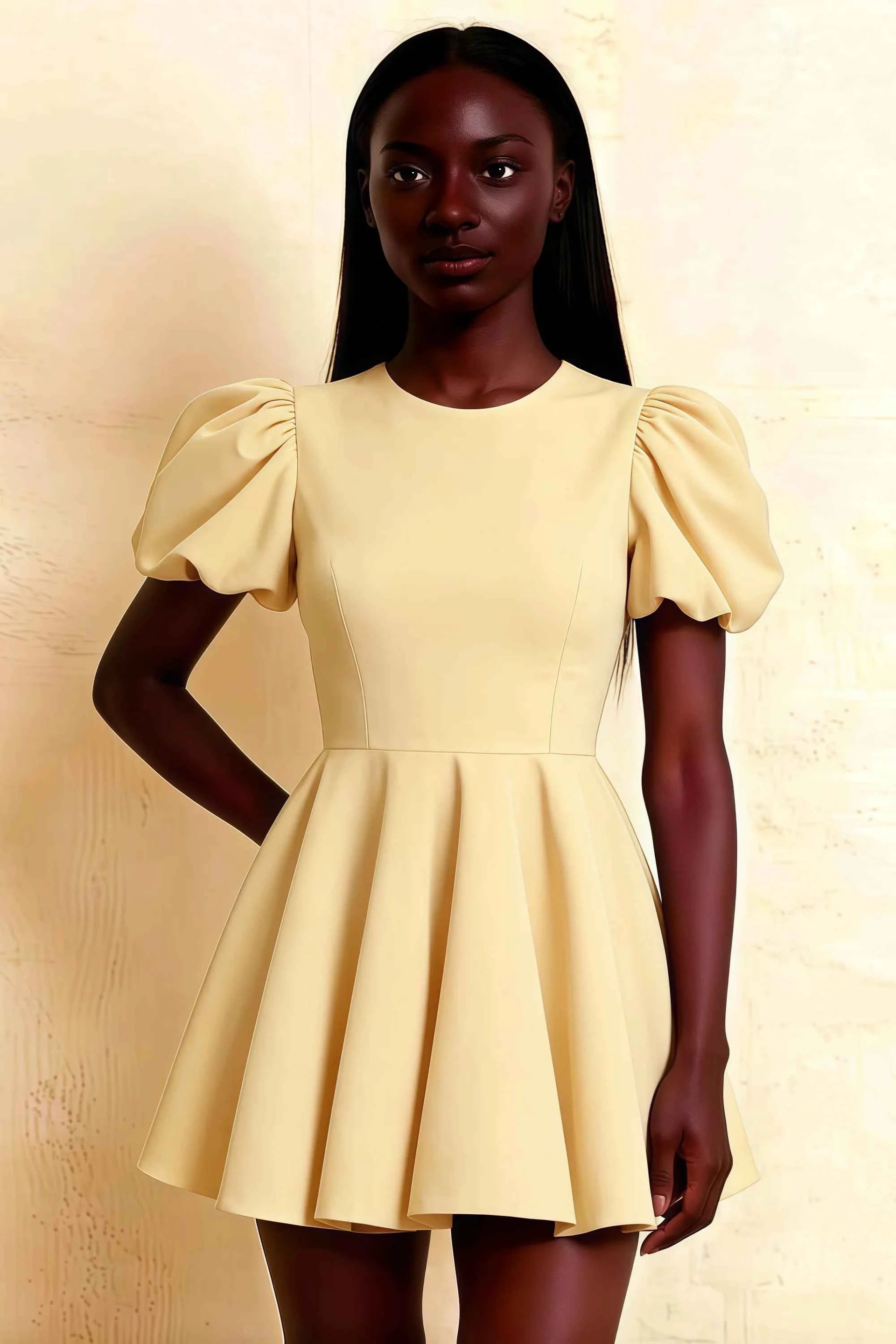 Front View of LVLVS Celia Lemon Mini Dress on Model, Classic Crew Neck Puff Sleeves and High Waisted A-Line Skirt Made from Stretch Crepe for Office and Classy Occasions