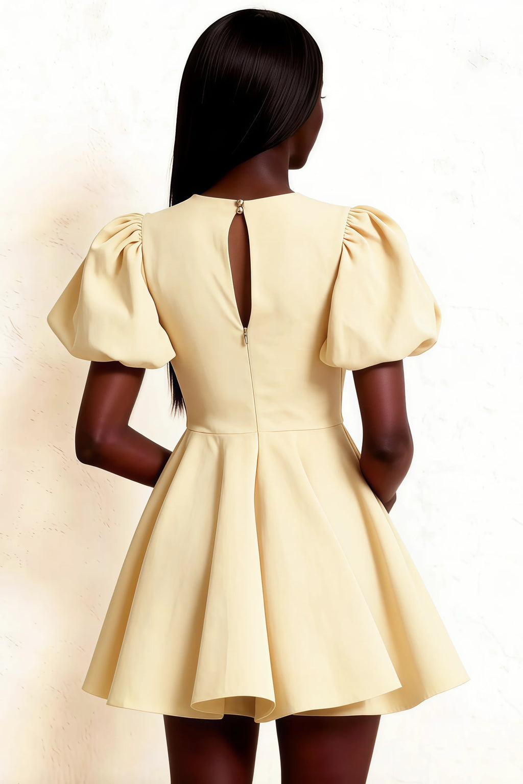 Detailed Back View of LVLVS Celia Dress in Lemon, Showcasing Zipper Closure and Puff Sleeve Fit, Stretch Crepe Material for Comfortable Formal and Prom Wear
