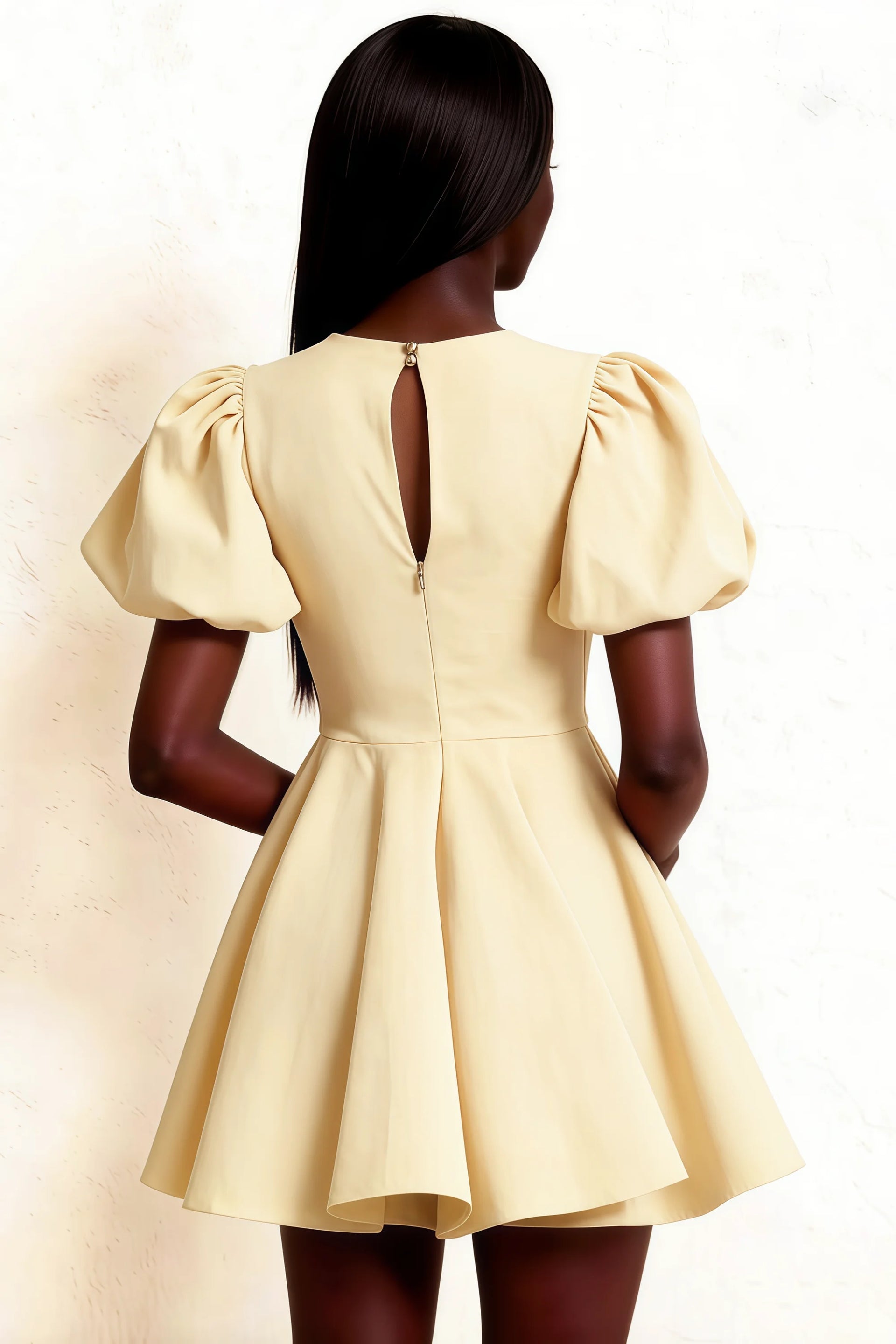 Detailed Back View of LVLVS Celia Dress in Lemon, Showcasing Zipper Closure and Puff Sleeve Fit, Stretch Crepe Material for Comfortable Formal and Prom Wear