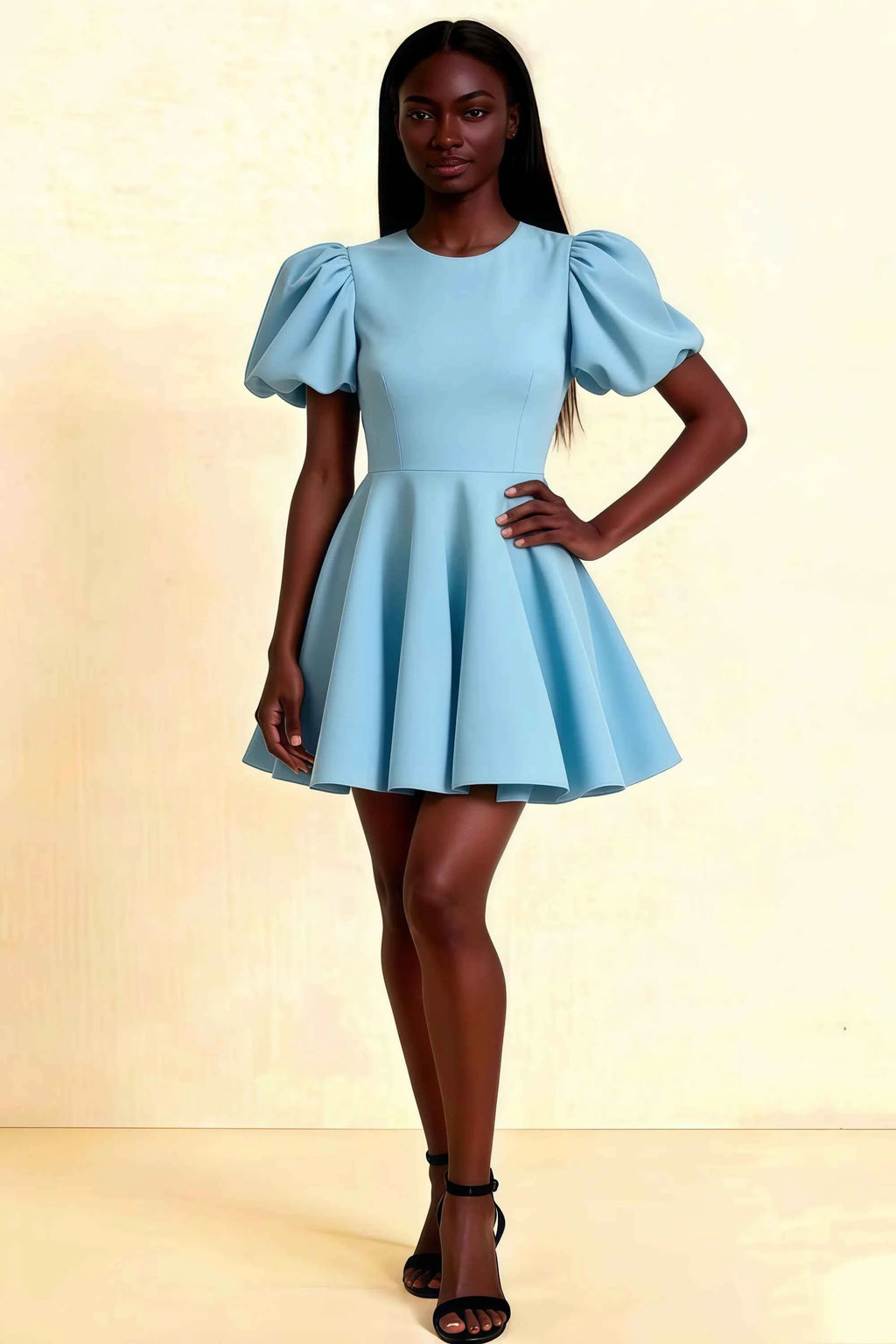 LVLVS Celia Dress Light Blue Stretch Crepe Puff Sleeves Crew Neck Mini Skater Dress for Bridesmaid Birthday Party Cocktail Semi-Formal Occasions
