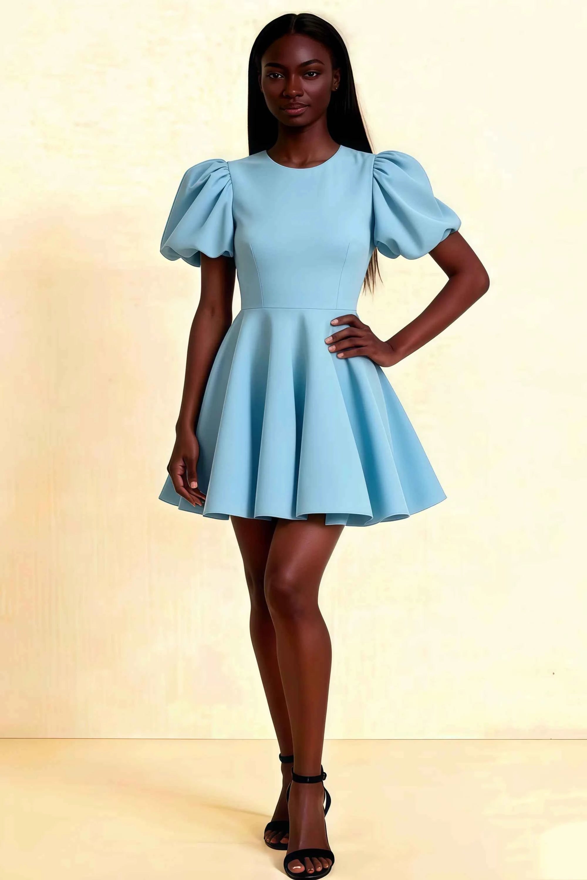LVLVS Celia Dress Light Blue Stretch Crepe Puff Sleeves Crew Neck Mini Skater Dress for Bridesmaid Birthday Party Cocktail Semi-Formal Occasions Main image