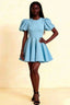 LVLVS Celia Dress Light Blue Stretch Crepe Puff Sleeves Crew Neck Mini Skater Dress for Bridesmaid Birthday Party Cocktail Semi-Formal Occasions