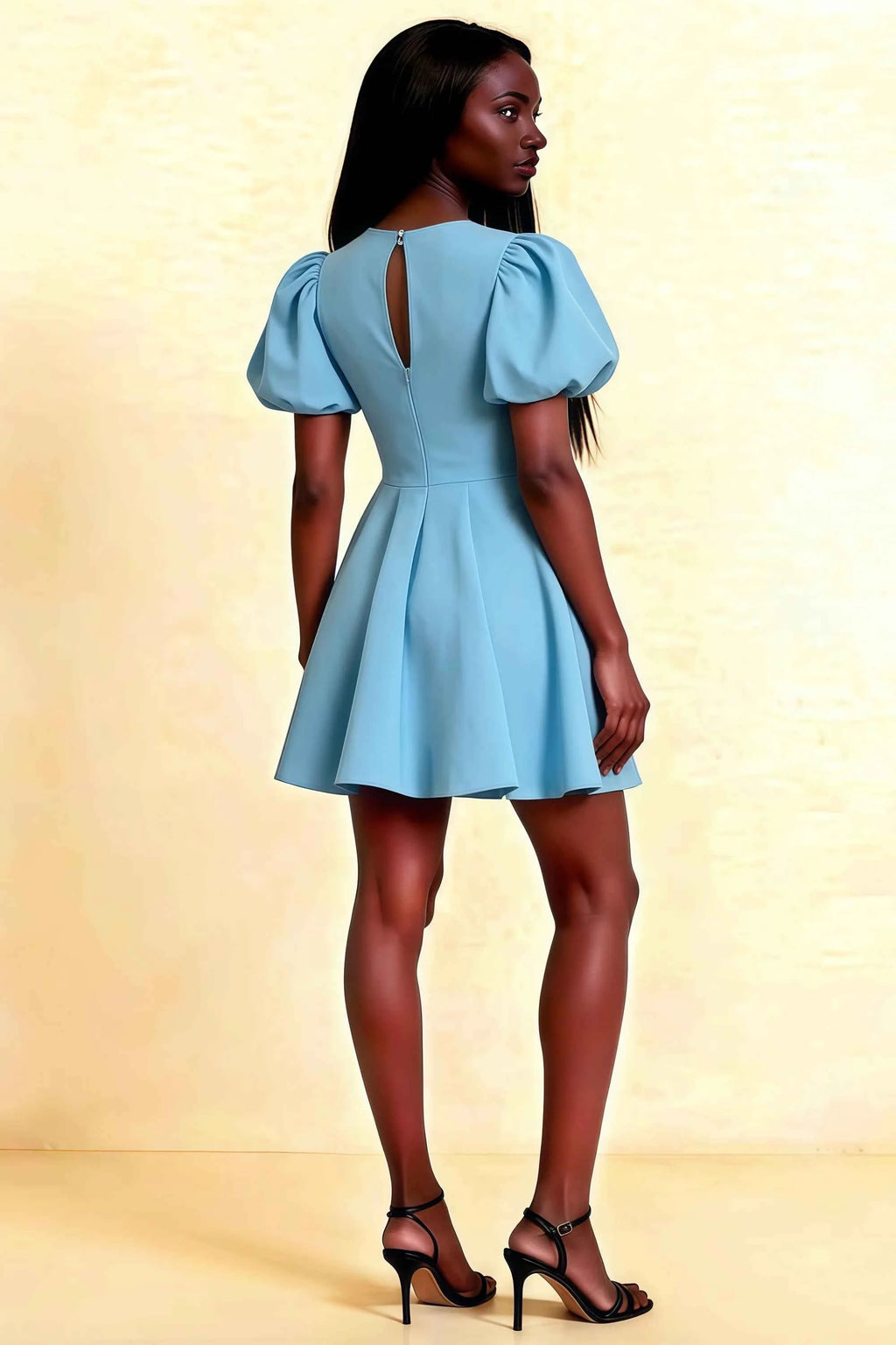 LVLVS Celia Light Blue Dress Back View Keyhole Design Puff Sleeves Stretch Crepe Mini Skater Dress for Formal Wedding Guest Semi-Formal Events