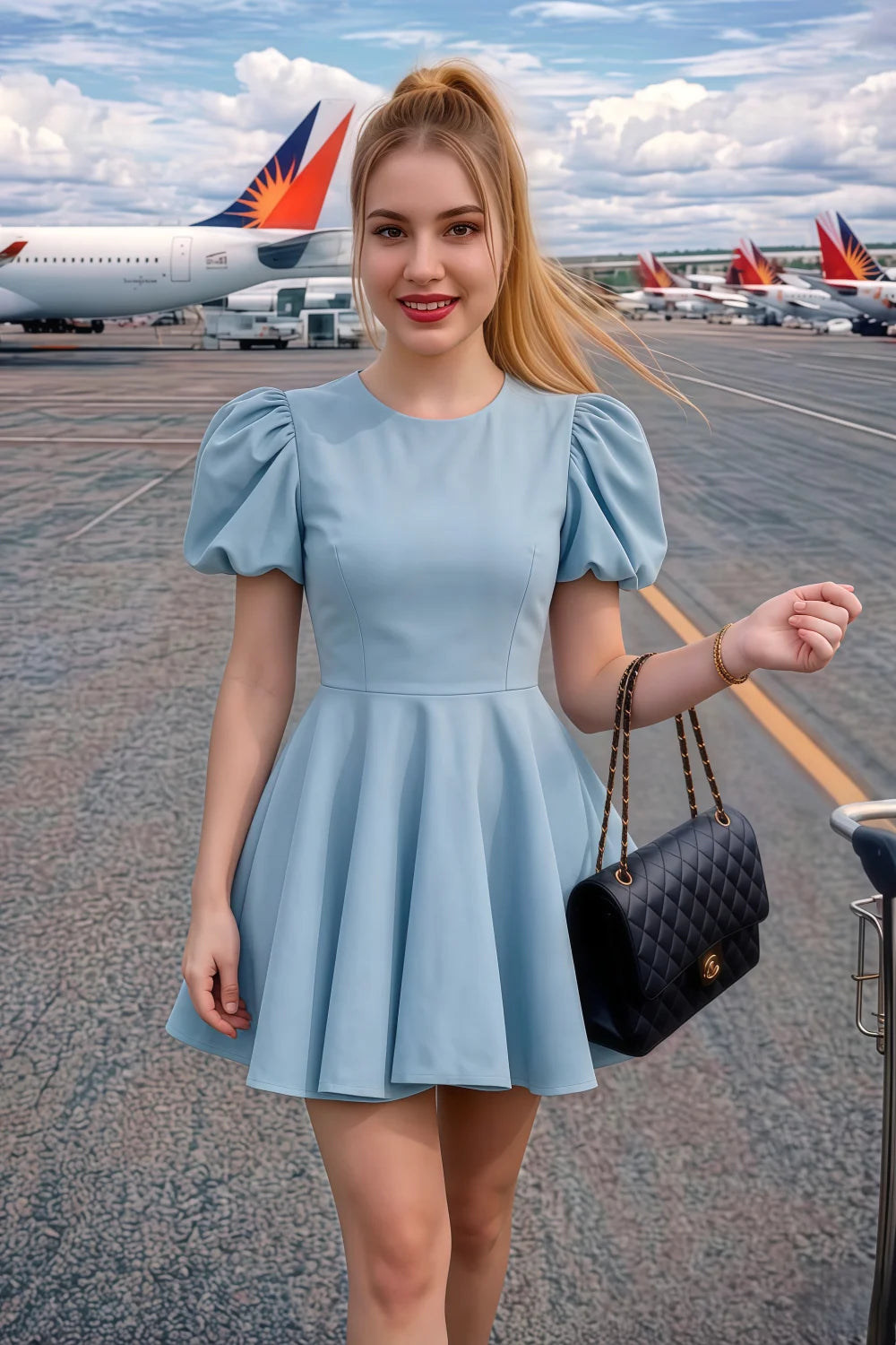 Customer Wearing LVLVS Celia Light Blue Dress Airport Travel Outfit Chanel Bag High Heels Casual Going Out Street Style