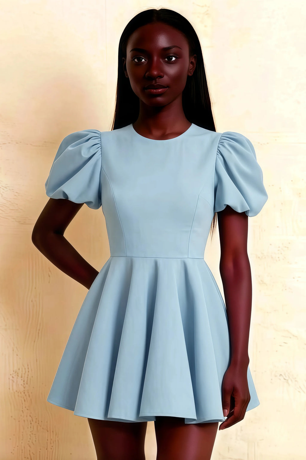 LVLVS Celia Light Blue Mini Dress Puff Sleeves Crew Neck Stretch Crepe Flared Skirt Casual Classy Office Work Brunch Outfit