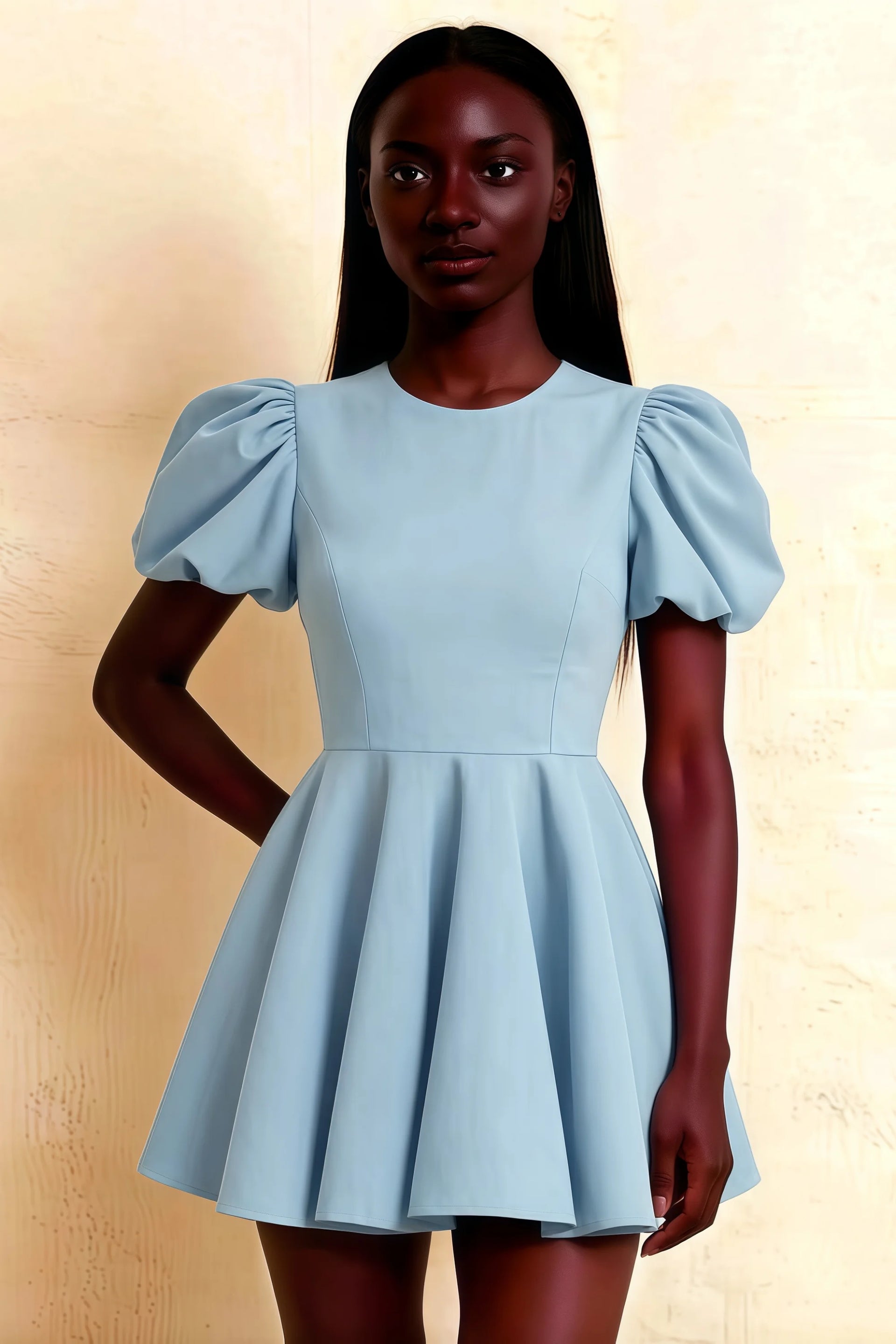 LVLVS Celia Light Blue Mini Dress Puff Sleeves Crew Neck Stretch Crepe Flared Skirt Casual Classy Office Work Brunch Outfit