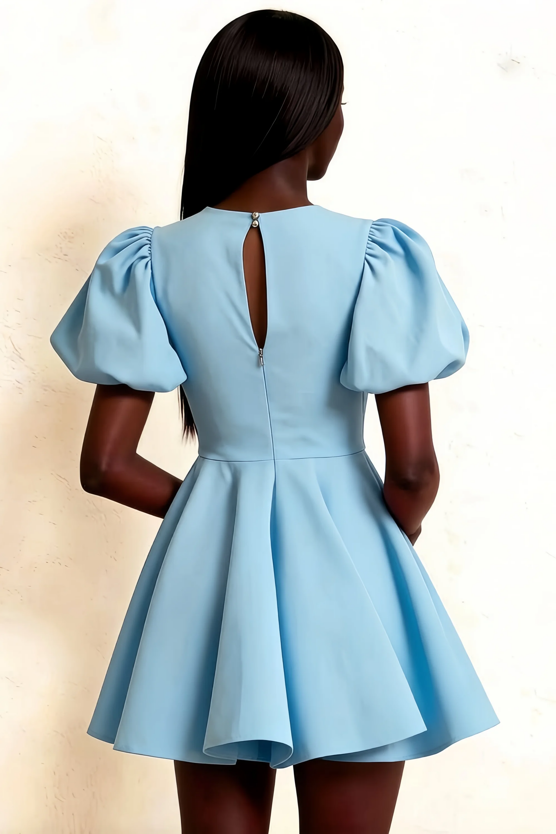 LVLVS Celia Dress Light Blue Back Keyhole Puff Sleeves Stretch Crepe Mini Skater Dress for Prom Graduation Semi-Formal Party