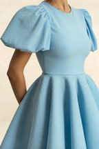 LVLVS Celia Light Blue Dress Puff Sleeves Crew Neck Stretch Crepe Fabric Detail Close Up for Bridesmaid Cocktail Semi-Formal Dress