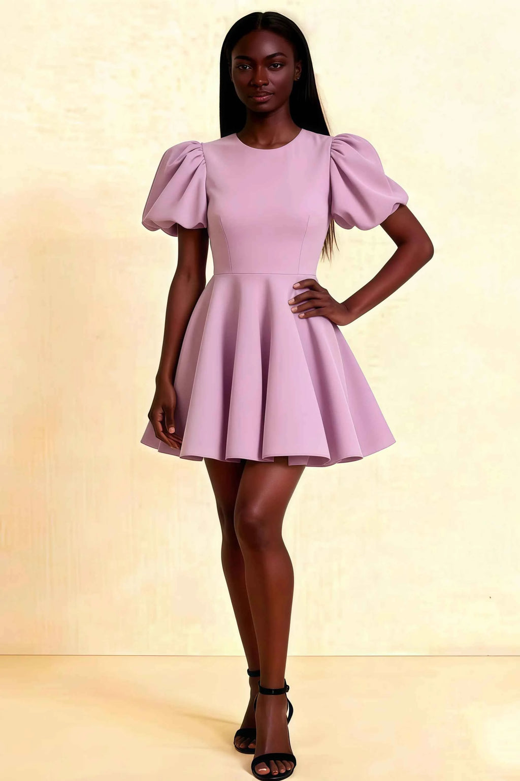 LVLVS Lilac Stretch Crepe Celia Dress Puff Sleeves Crew Neck Mini Skater Dress Front View Model Studio Shot Cocktail Party
