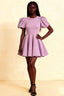 LVLVS Lilac Stretch Crepe Celia Dress Puff Sleeves Crew Neck Mini Skater Dress Front View Model Studio Shot Cocktail Party