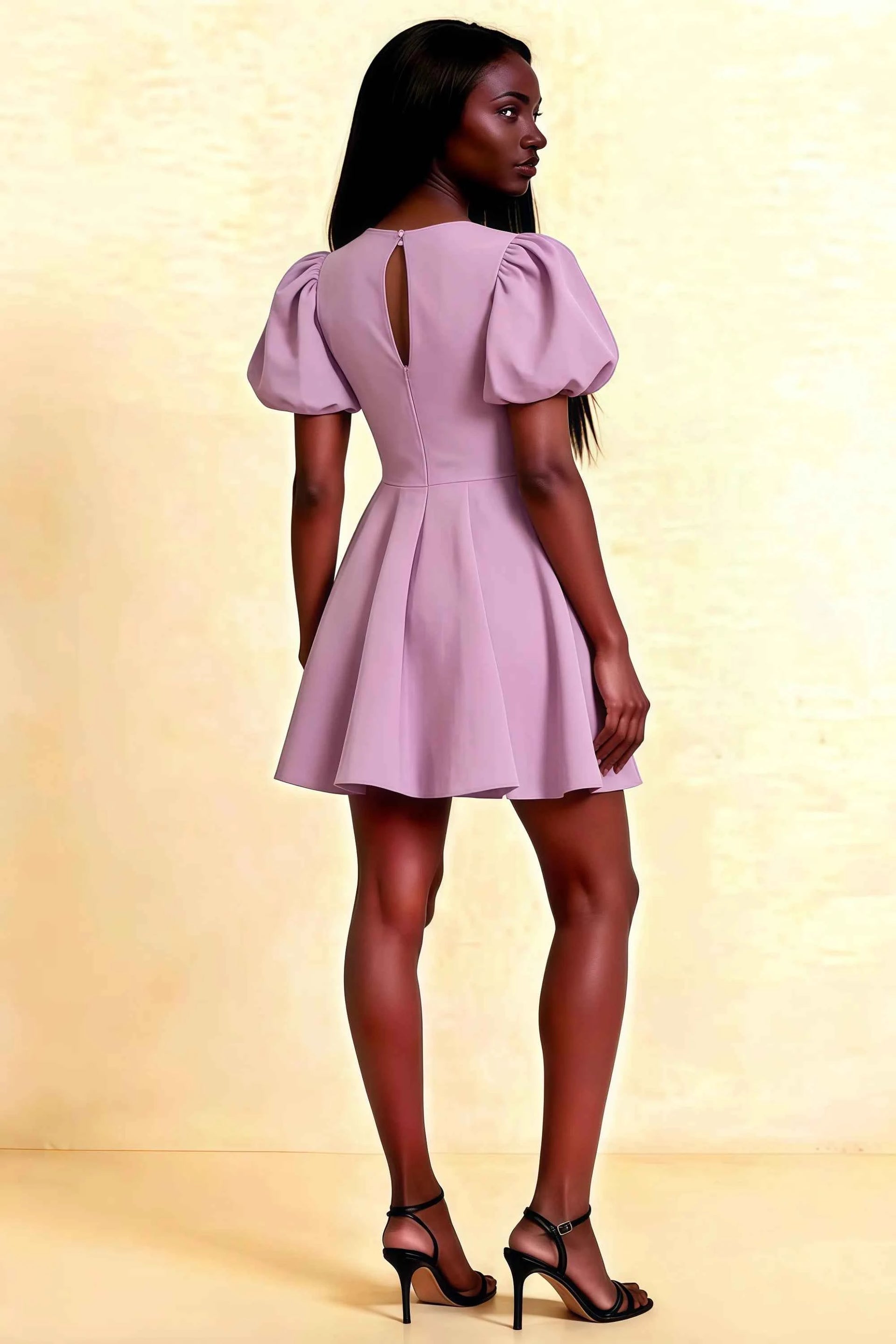 LVLVS Lilac Stretch Crepe Celia Dress Puff Sleeves Back View Keyhole Cutout Formal Occasion Wear