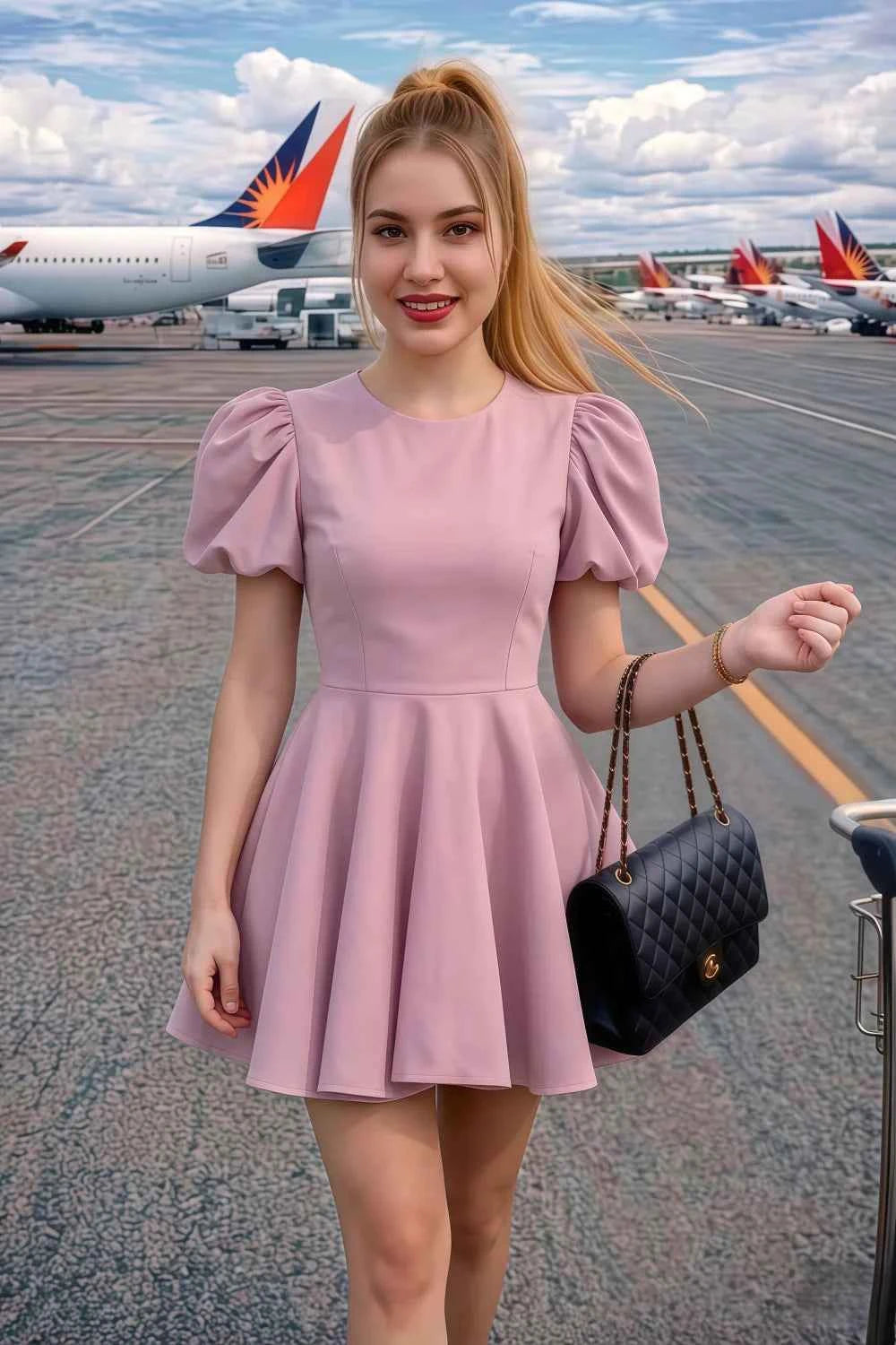Real Customer Wearing LVLVS Lilac Celia Puff Sleeve Mini Dress Airport Vacation Street Style