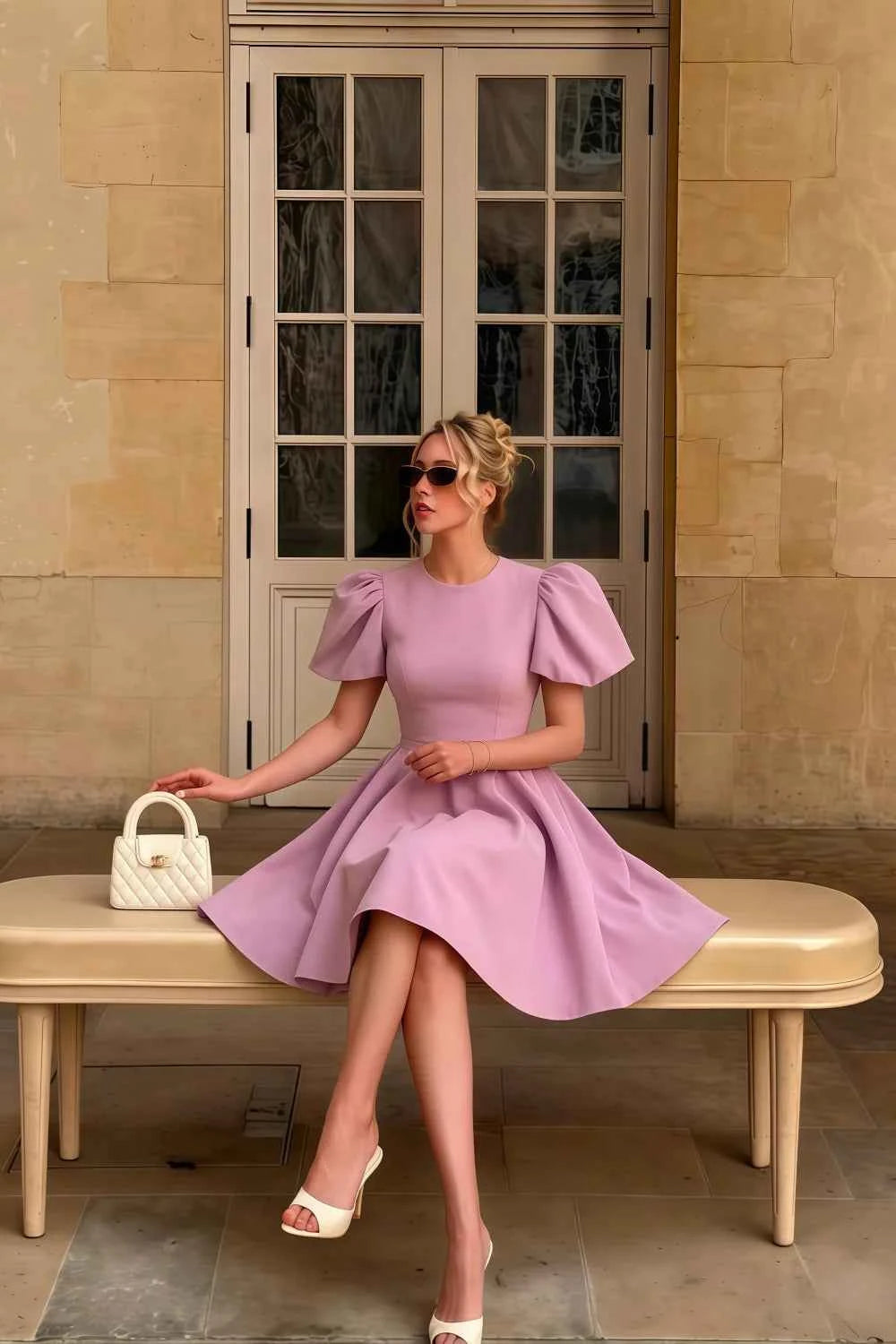 Elegant Woman Sitting in LVLVS Lilac Stretch Crepe Celia Dress Designer Evening Party Look