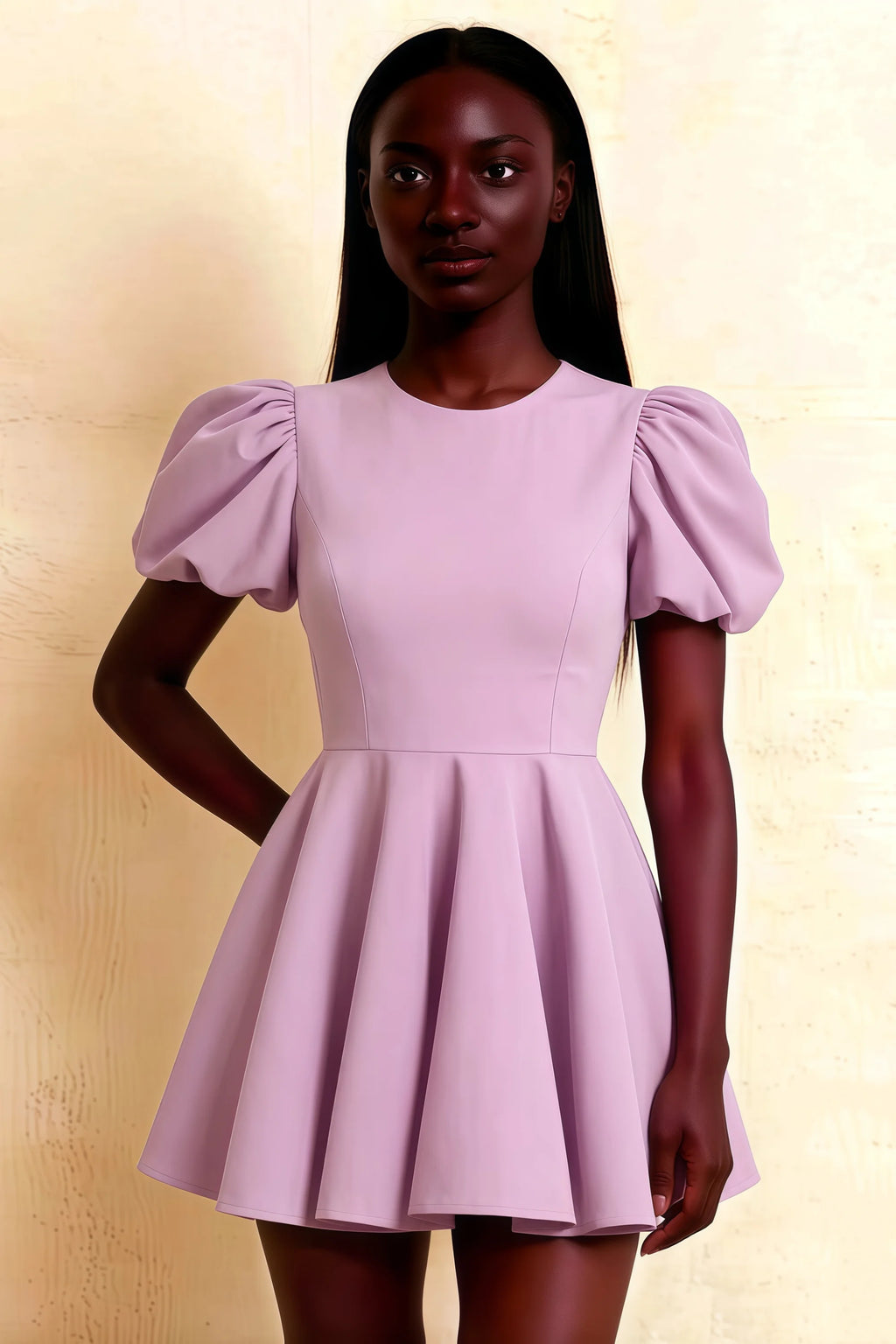 LVLVS Lilac Stretch Crepe Celia Dress Close Up Fit and Flare Silhouette Cocktail Semi Formal Dress