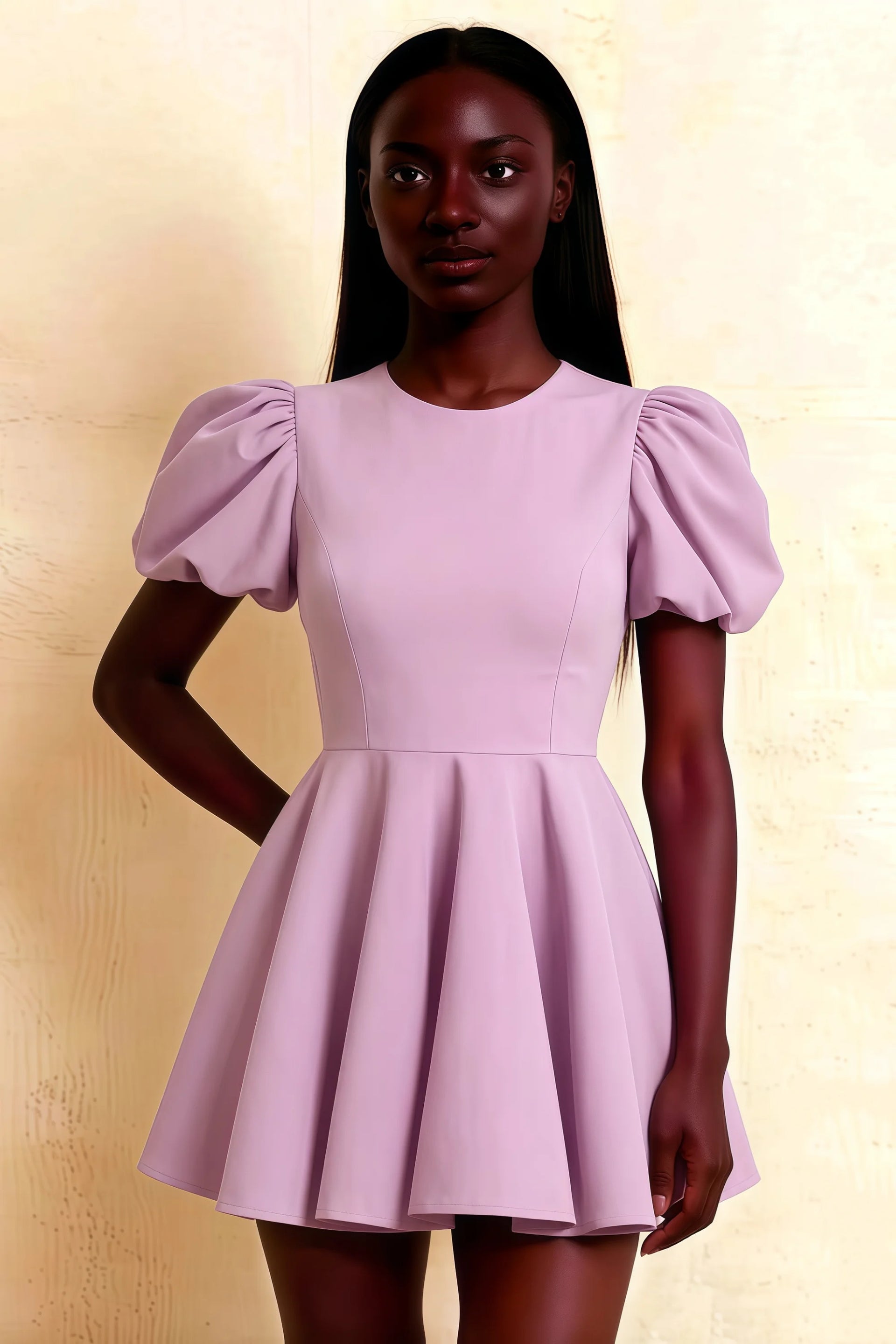 LVLVS Lilac Stretch Crepe Celia Dress Close Up Fit and Flare Silhouette Cocktail Semi Formal Dress
