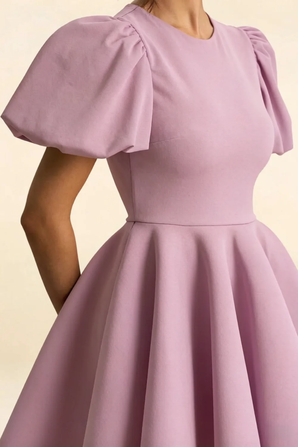 LVLVS Lilac Stretch Crepe Celia Dress Puff Sleeve Texture Detail Work Office Casual Chic Style