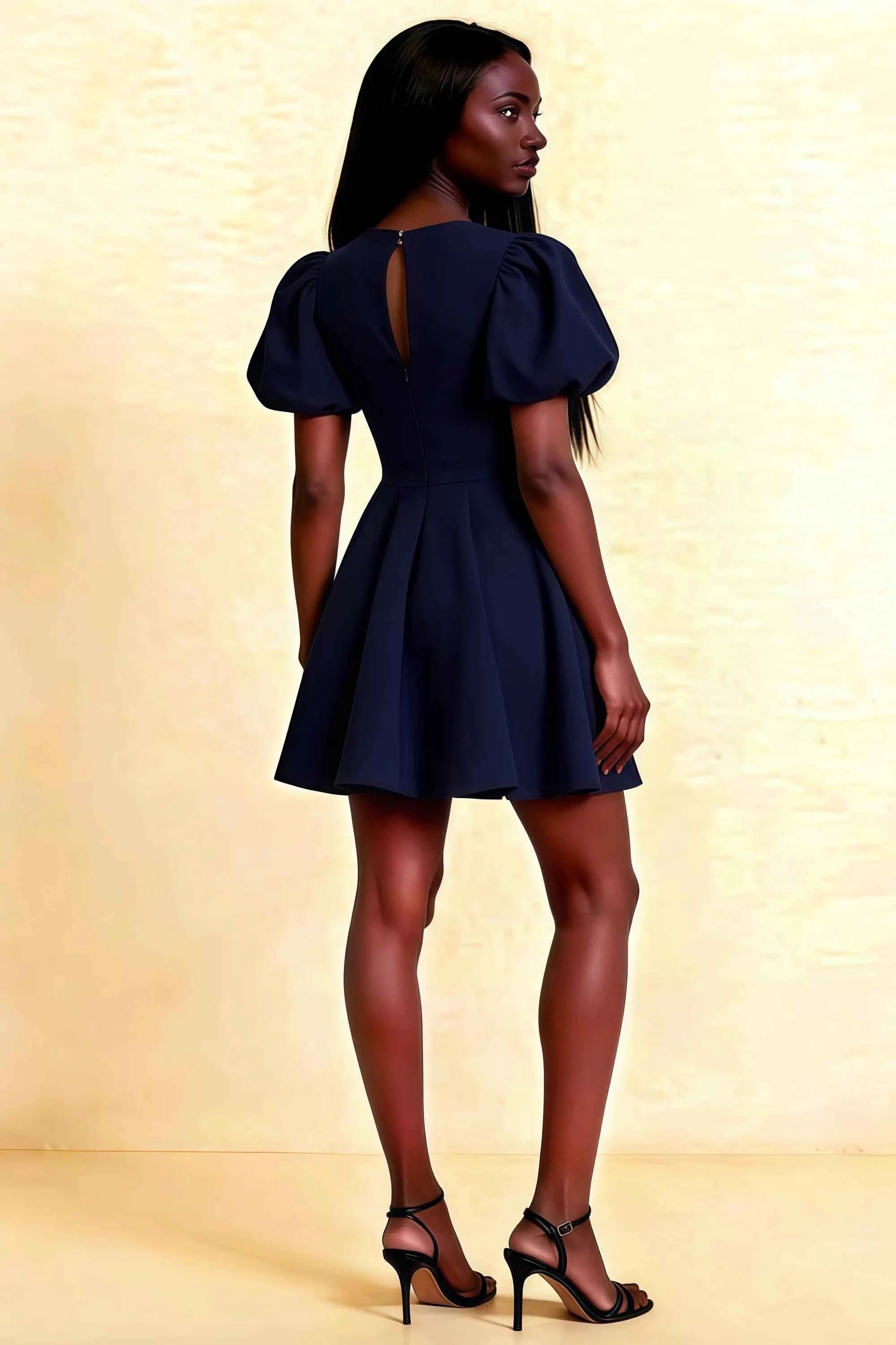 Celia Navy Crew Neck Eyelet Mini Dress with Puff Sleeves Imagen secundaria del producto