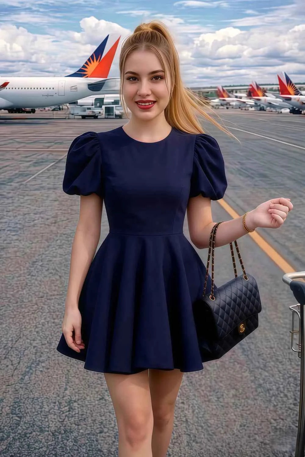 Real Customer Photo LVLVS Celia Navy Dress Worn as Airport Street Style Look with Quilted Bag Chic Travel Outfit