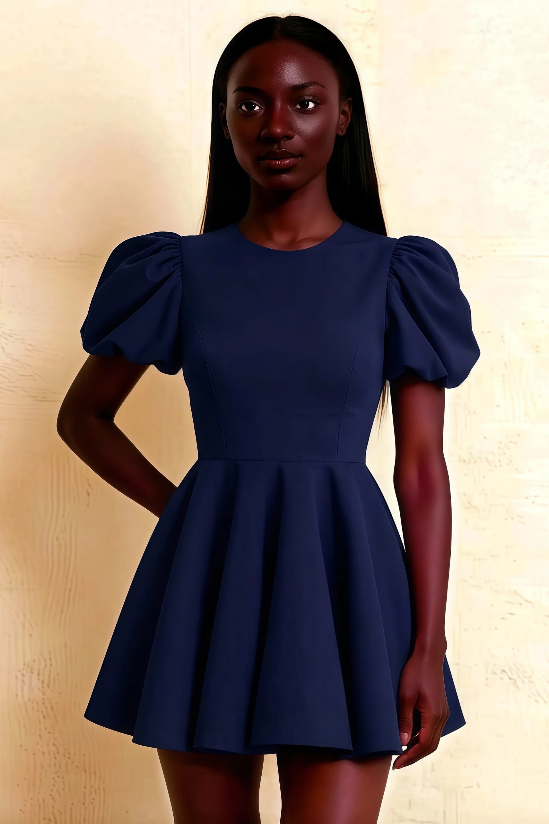 Close Up Front View LVLVS Celia Navy Puff Sleeve Dress Stretch Crepe Fabric Elegant Summer Dress for Bridesmaid or Day Party