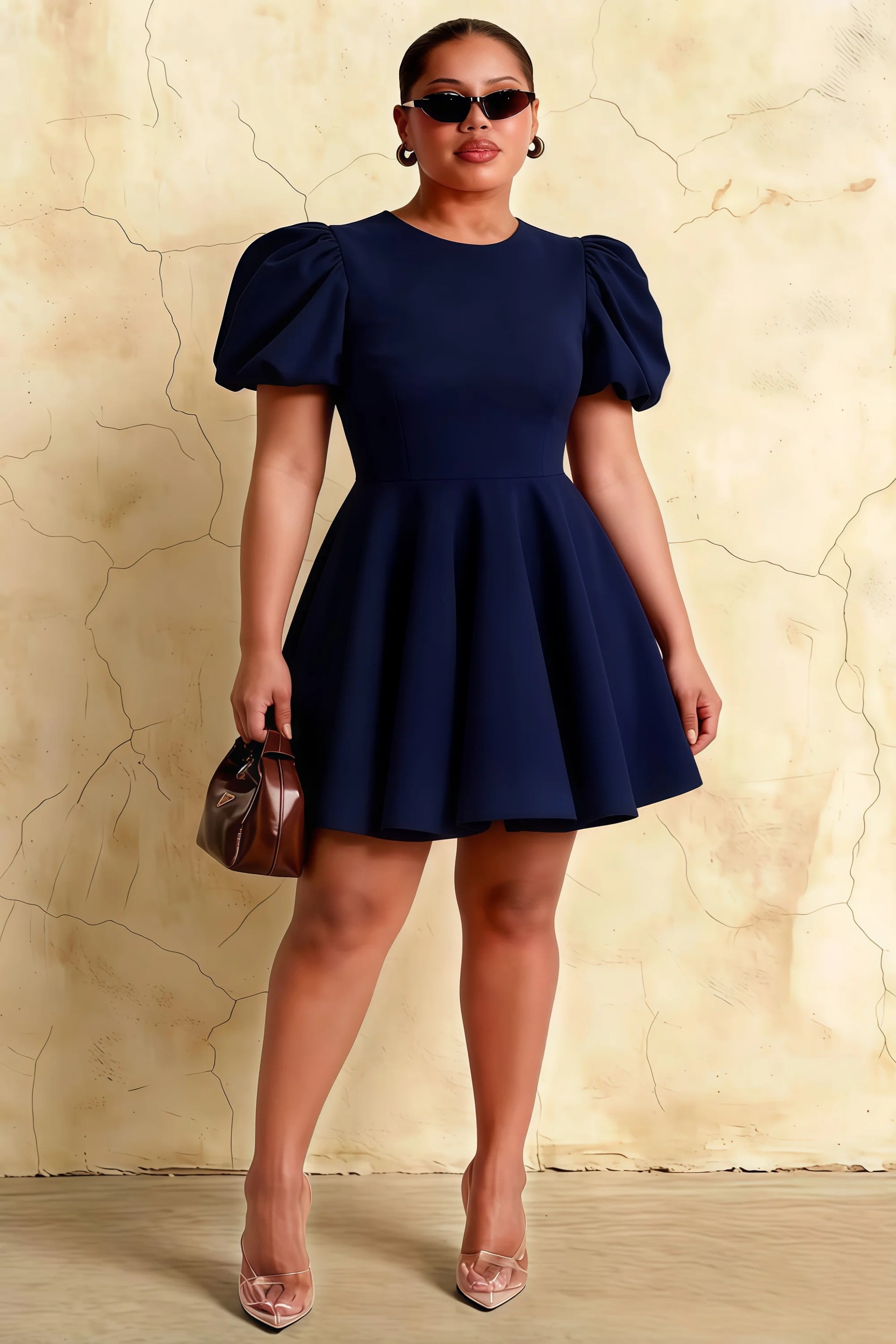Plus Size Model Wearing LVLVS Celia Navy Blue Dress Inclusive Size Puff Sleeves Stretch Crepe Flare Skirt for Women Office Work Party