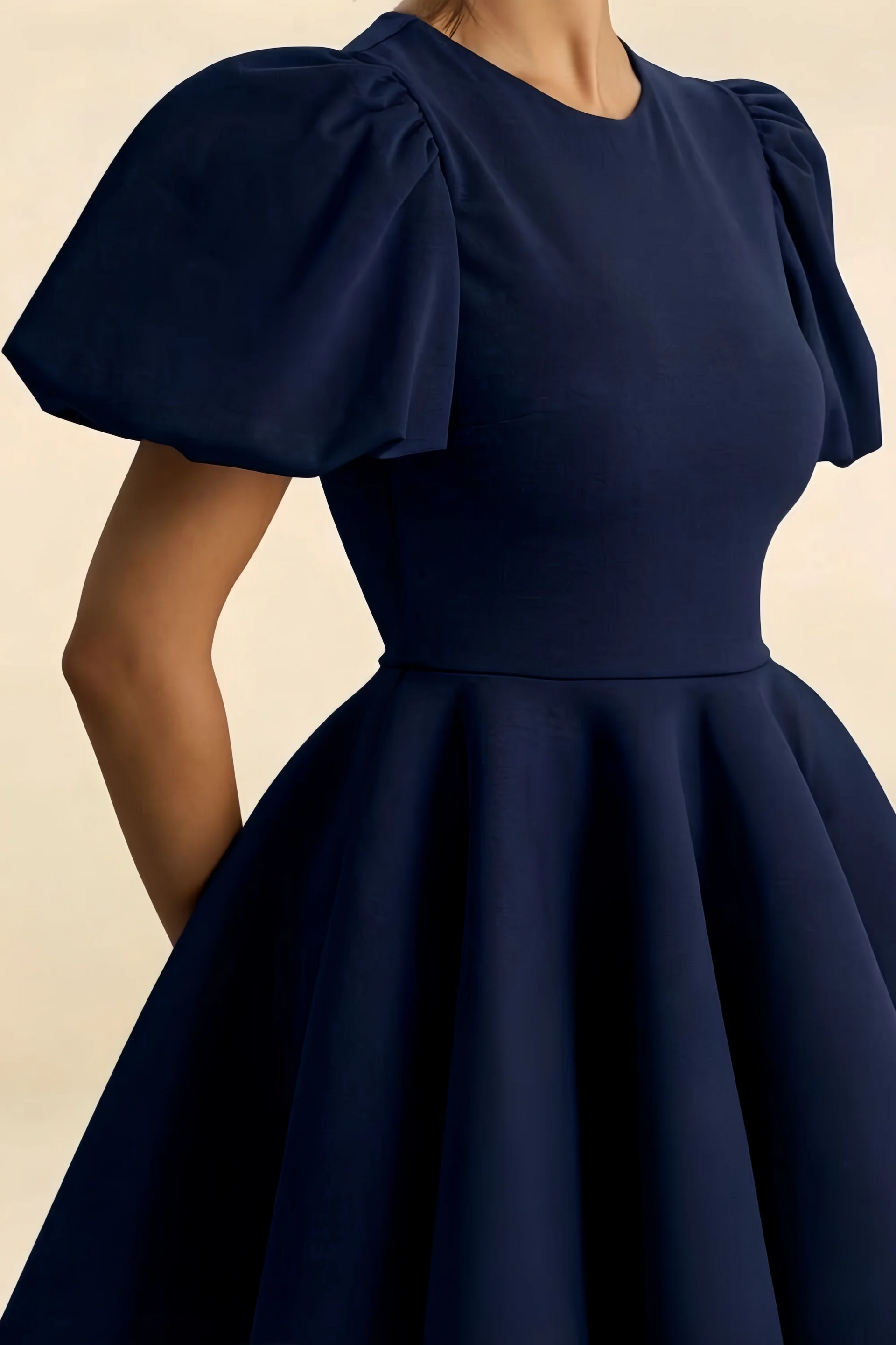 Detailed Close Up LVLVS Celia Dress Fabric Stretch Crepe Texture Puff Sleeves Construction Crew Neck Design High Quality Material