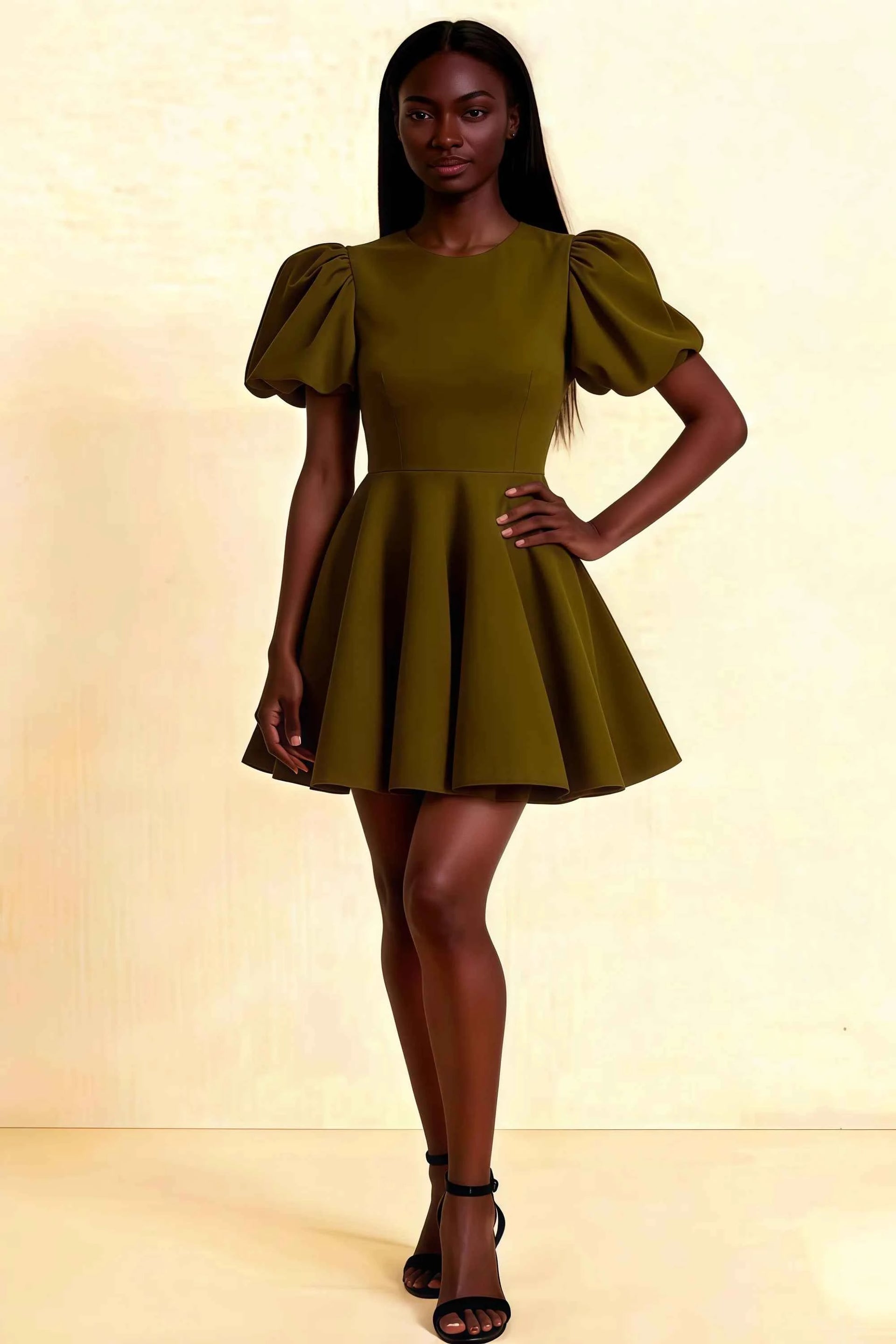 Olive green LVLVS Celia stretch crepe mini dress with puff sleeves and flared A-line skirt, studio full body shot for cocktail party.