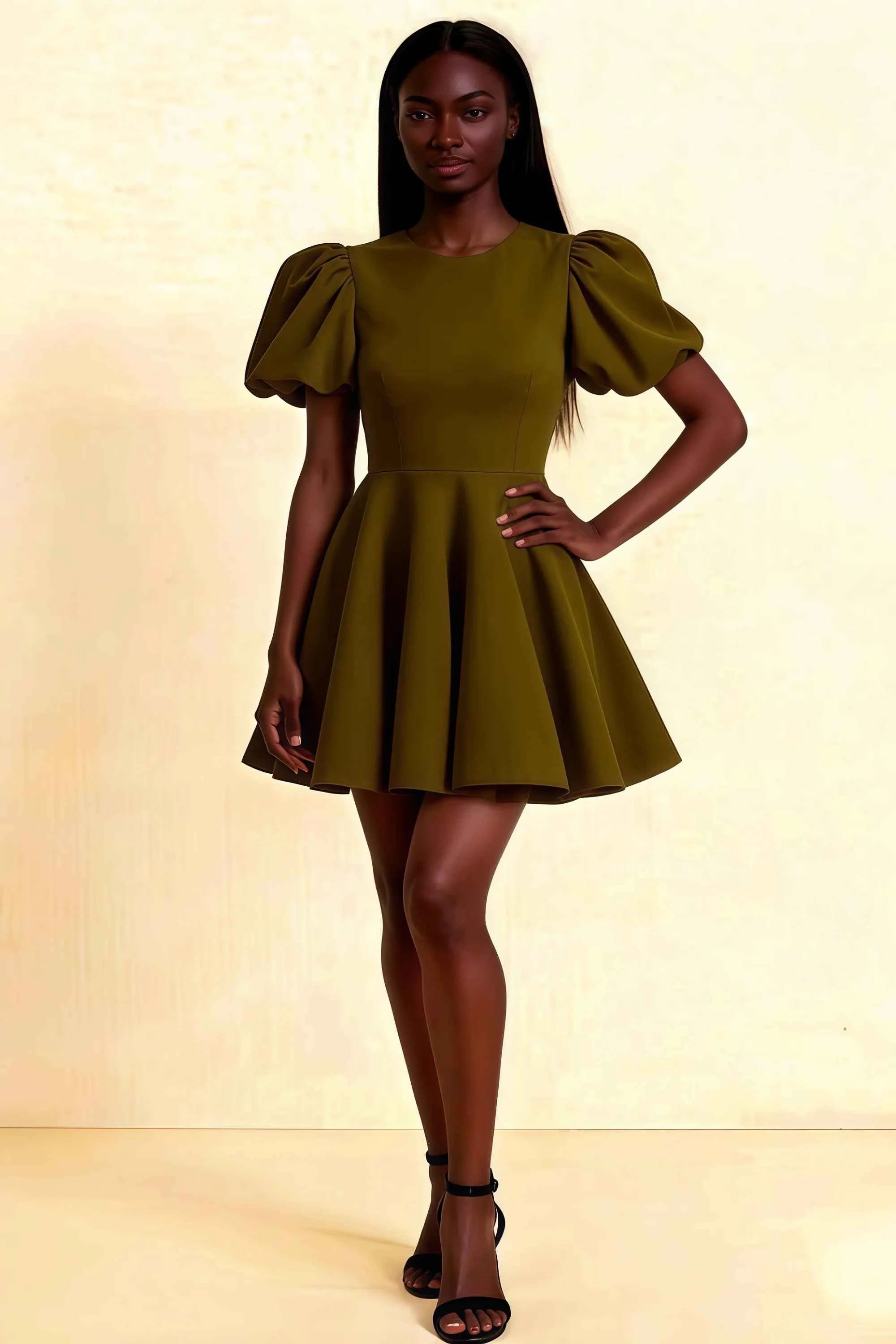 Olive green LVLVS Celia stretch crepe mini dress with puff sleeves and flared A-line skirt, studio full body shot for cocktail party. Imagen principal del producto