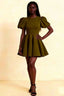 Olive green LVLVS Celia stretch crepe mini dress with puff sleeves and flared A-line skirt, studio full body shot for cocktail party.