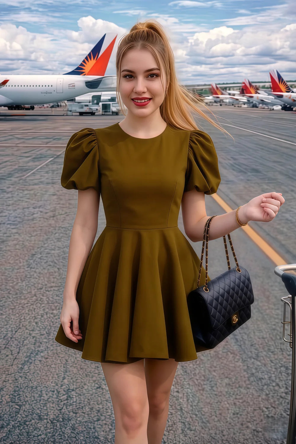 Customer wearing LVLVS Celia olive puff sleeve dress to airport terminal, stylish travel outfit with quilted handbag and high heels.