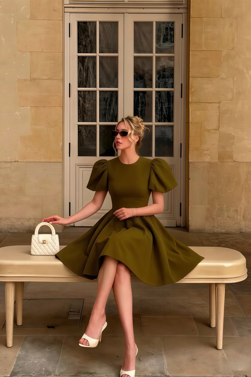 Summer brunch style LVLVS Celia olive green dress styled with white accessories, elegant plus size fit on bench for daytime party.