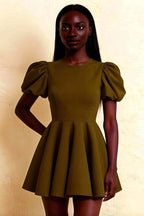 Front close-up of LVLVS Celia olive stretch crepe dress showcasing ruched puff sleeves and cinched waist mini silhouette.