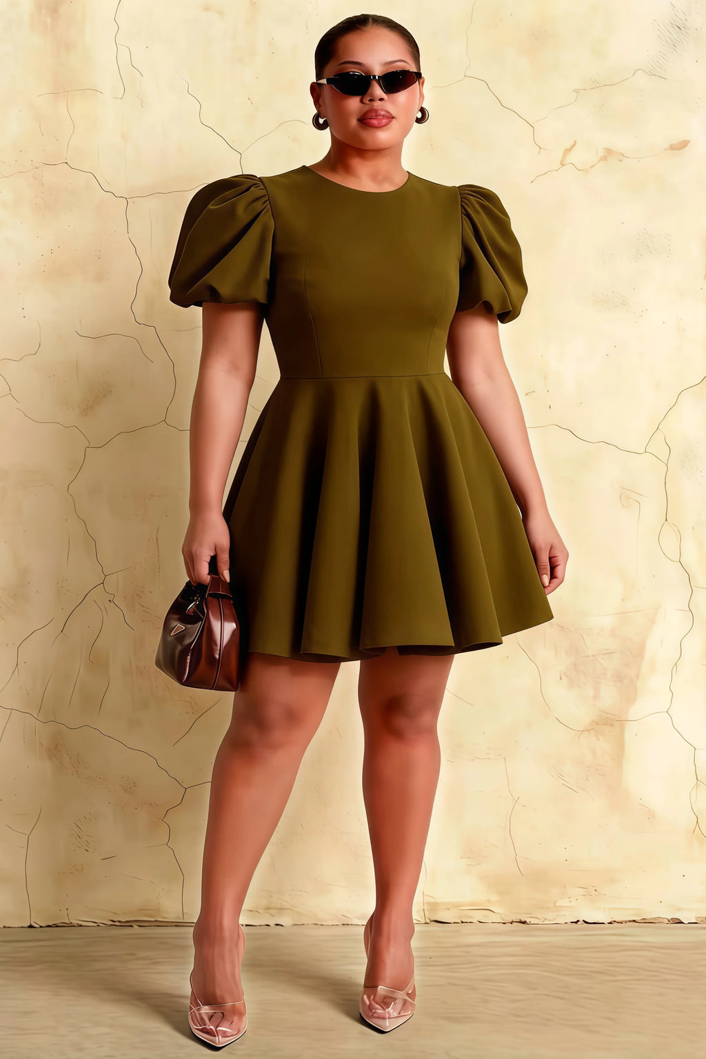 Plus size model in LVLVS Celia olive mini dress, comfortable stretch crepe fabric perfect for graduation or formal events.