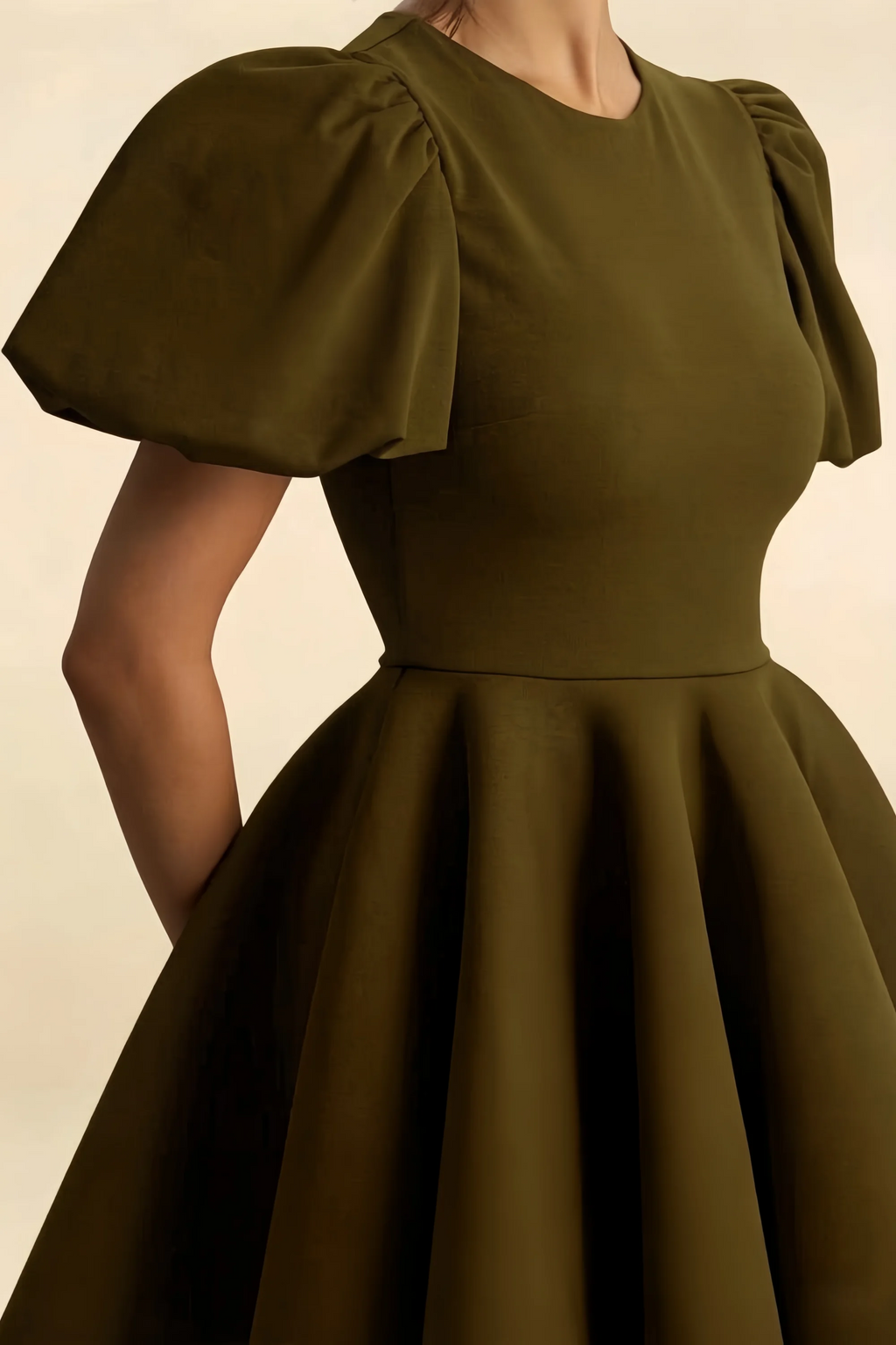 LVLVS Celia olive crew neck eyelet mini dress with puff sleeves fabric detail, stretch crepe material, puff sleeve construction for club and dance events