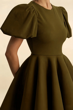 LVLVS Celia olive crew neck eyelet mini dress with puff sleeves fabric detail, stretch crepe material, puff sleeve construction for club and dance events