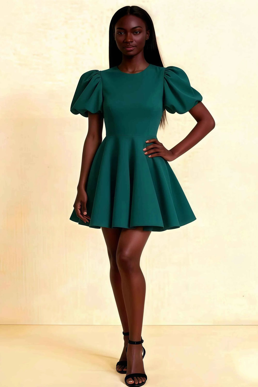 LVLVS Celia Peacock Stretch Crepe Puff Sleeve Mini Dress for Cocktail Party & Formal Events