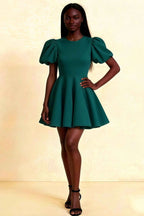 LVLVS Celia Peacock Stretch Crepe Puff Sleeve Mini Dress for Cocktail Party & Formal Events