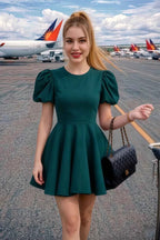 Customer Wearing LVLVS Celia Peacock Stretch Crepe Puff Sleeve Mini Dress for Travel & Going Out Airport Style