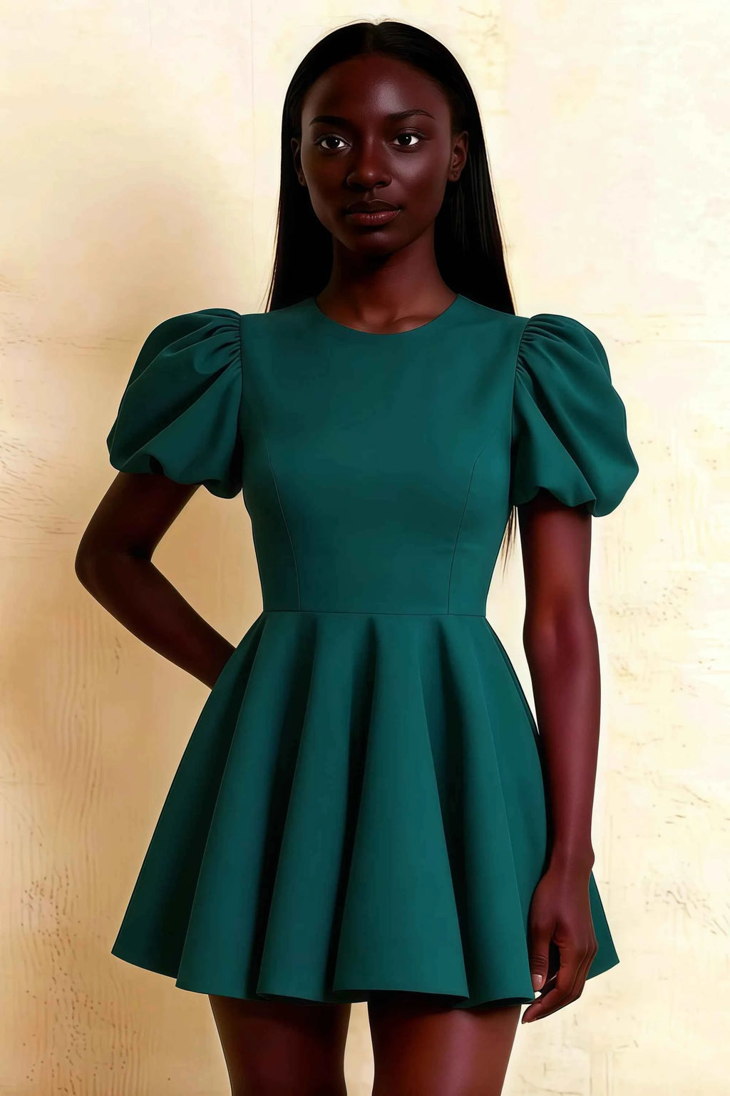 LVLVS Celia Peacock Stretch Crepe Puff Sleeve Mini Dress for Office Work & Classy Day Events