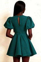 LVLVS Celia Peacock Stretch Crepe Puff Sleeve Mini Dress Back Design for Prom & Graduation Ceremonies