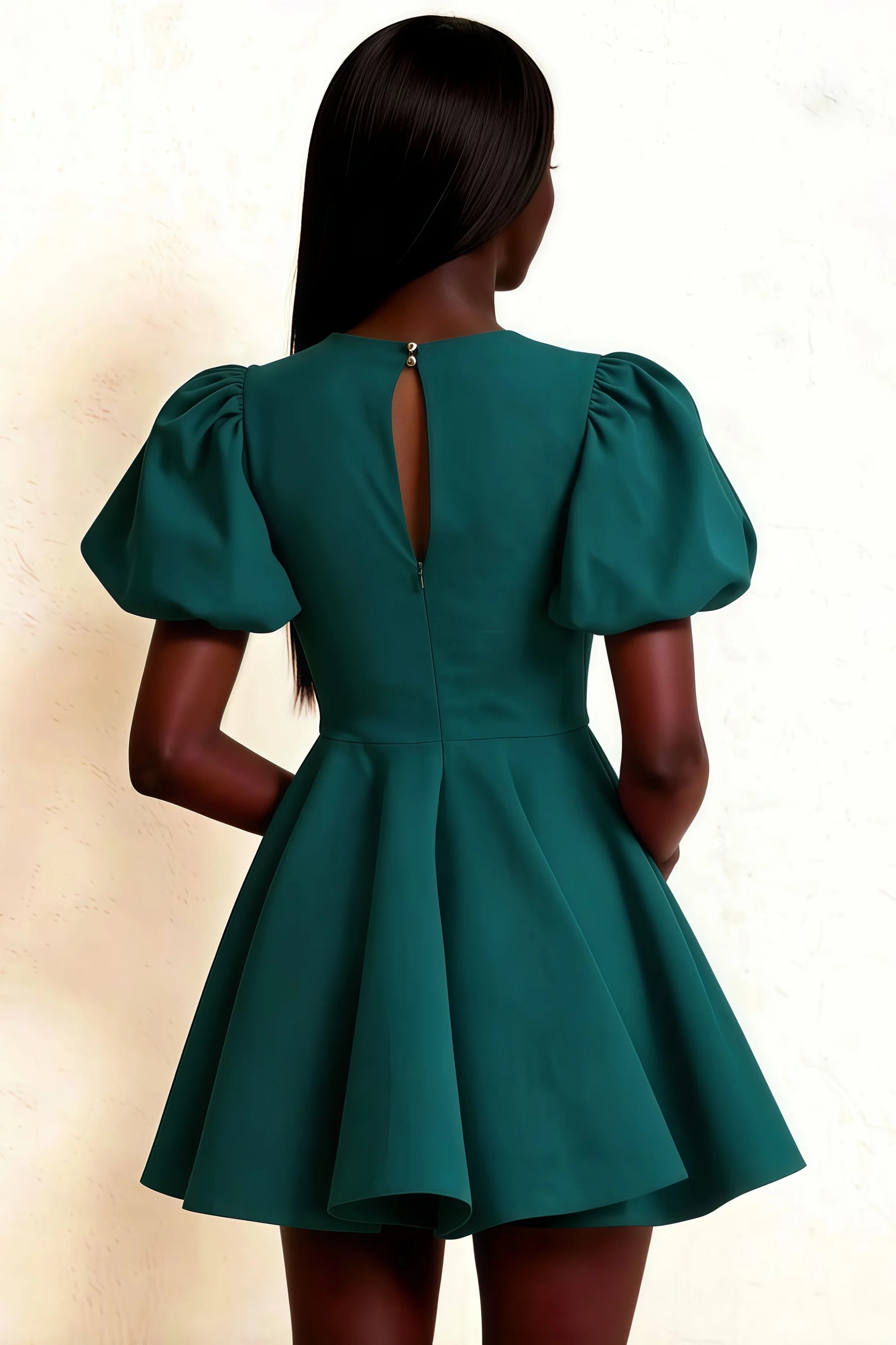 LVLVS Celia Peacock Stretch Crepe Puff Sleeve Mini Dress Back Design for Prom & Graduation Ceremonies