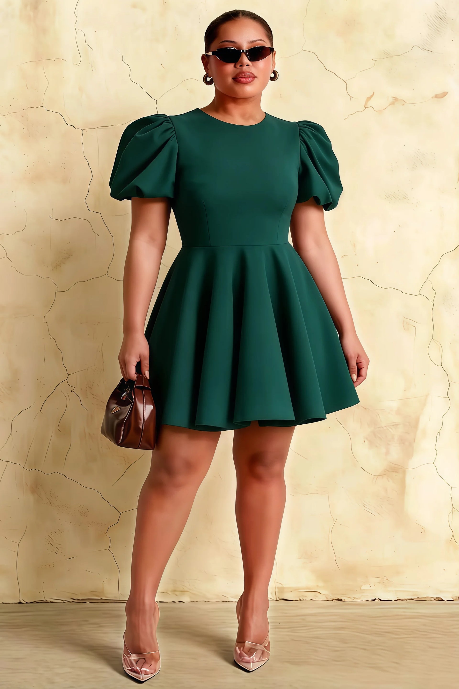 Plus Size Model in LVLVS Celia Peacock Stretch Crepe Puff Sleeve Mini Dress for Party & Nightclub Looks