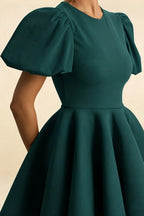 LVLVS Celia Peacock Stretch Crepe Puff Sleeve Mini Dress Fabric & Puff Sleeve Details for Club & Dance Parties