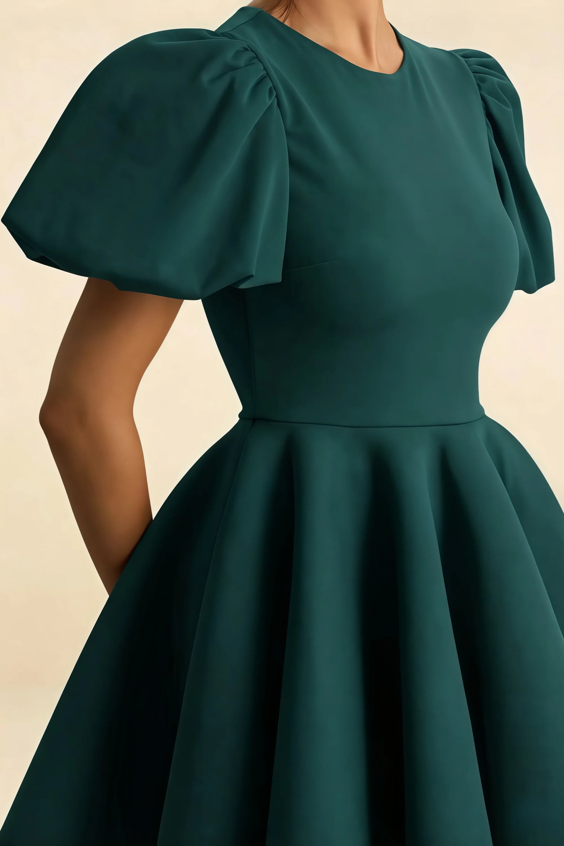 LVLVS Celia Peacock Stretch Crepe Puff Sleeve Mini Dress Fabric & Puff Sleeve Details for Club & Dance Parties