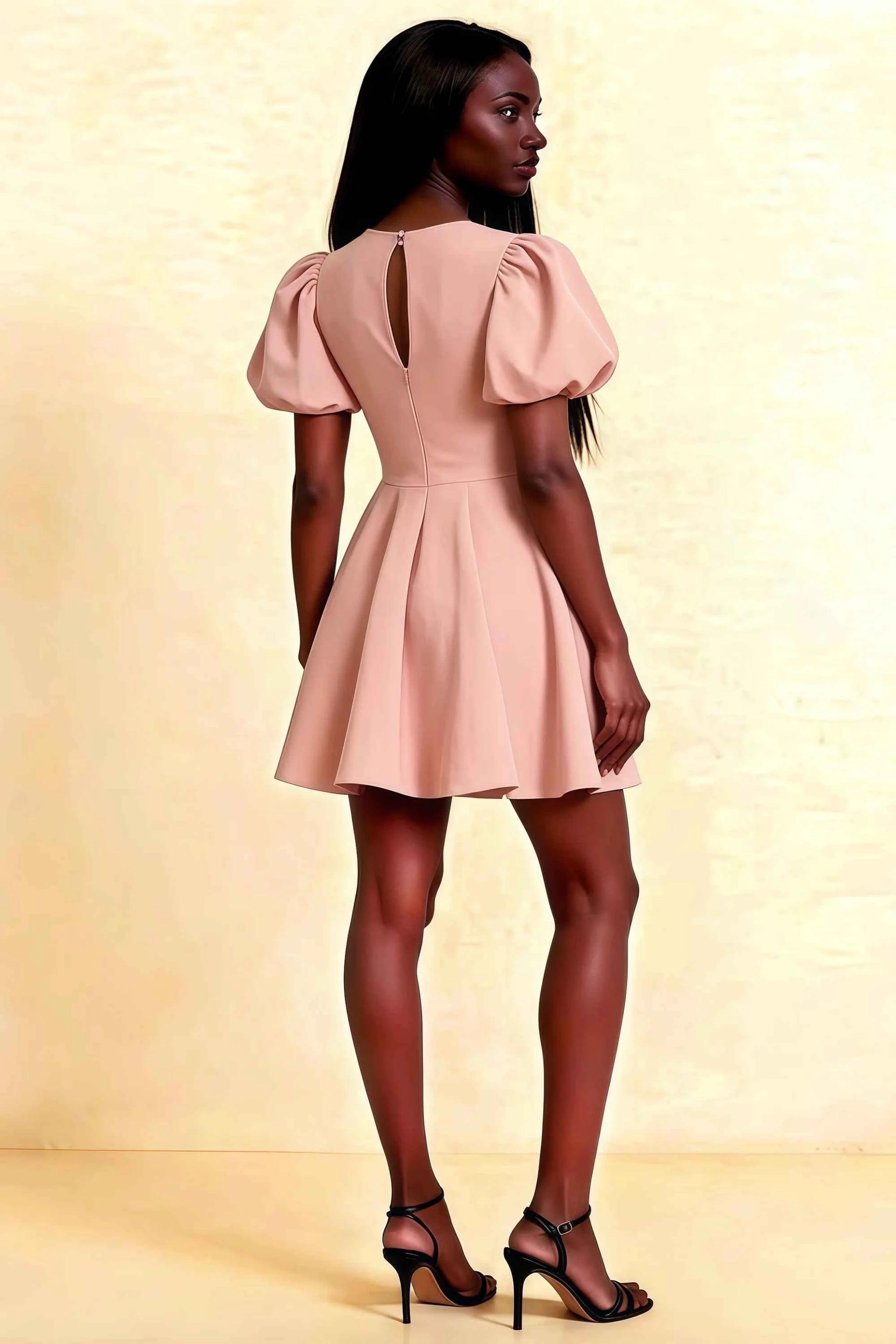 LVLVS Celia Pink Dress Back View Stretch Crepe Puff Sleeves Keyhole Back for Formal Event